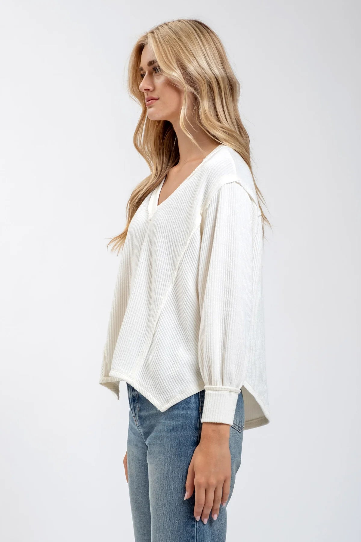V-Neck Asymmetrical Hem Long Sleeve Knit Top