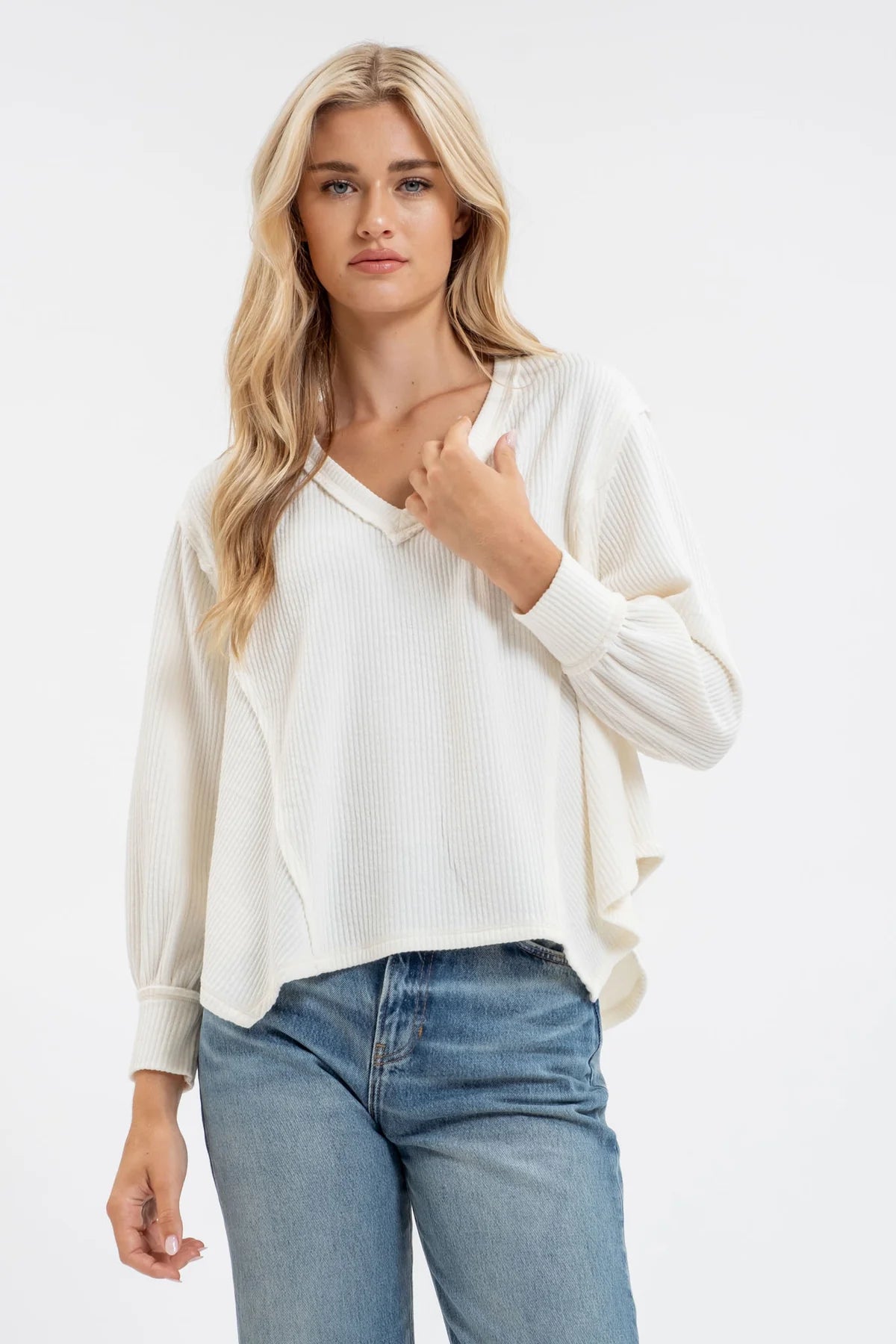 V-Neck Asymmetrical Hem Long Sleeve Knit Top