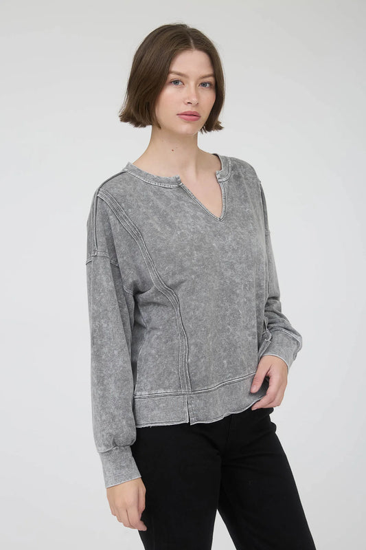Washed Exposed Seam Long Sleeve Knit Top