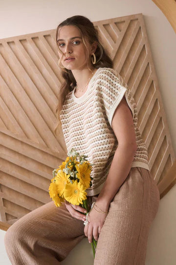Stripe Crochet Knit Batwing Short Sleeve Sweater Top