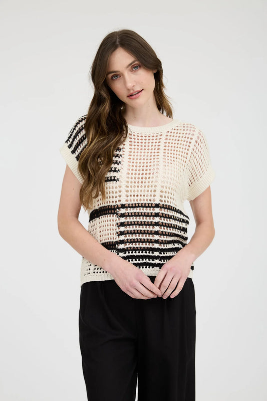 Multi Stripe Short Sleeve Sheer Crochet Knit Top