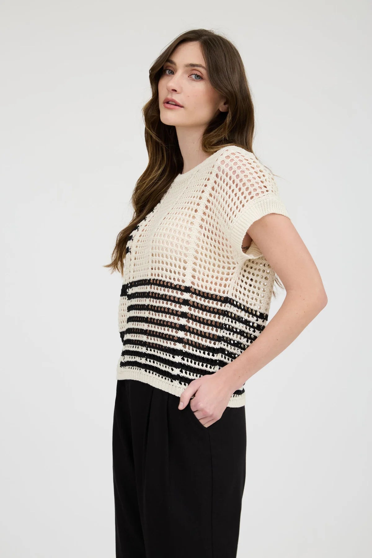 Multi Stripe Short Sleeve Sheer Crochet Knit Top