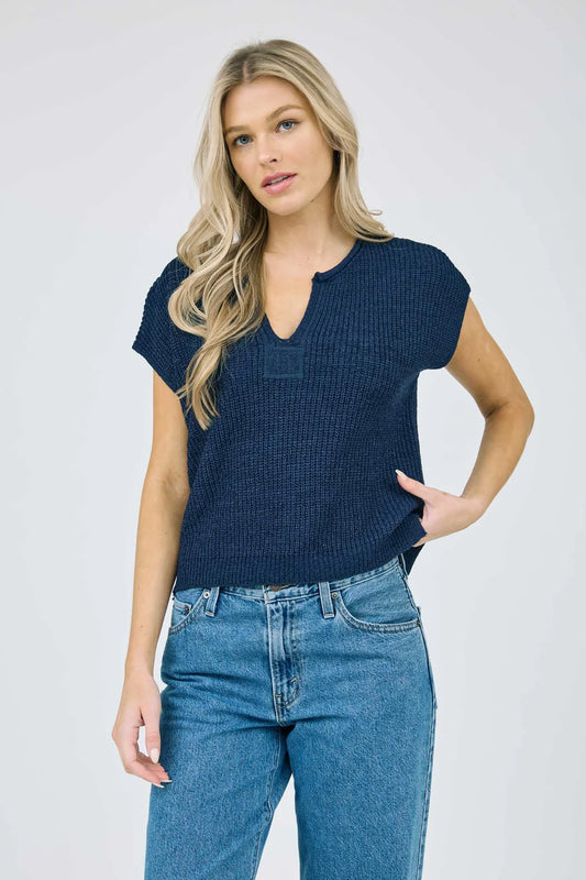 Split Neck Short Sleeve Knit Top