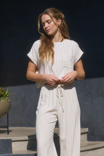 Pinstripe Short Cuff Sleeve Back Button Crop Top