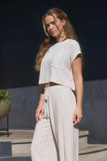Pinstripe Short Cuff Sleeve Back Button Crop Top