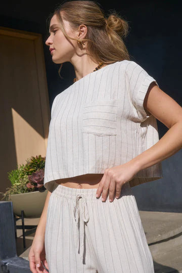Pinstripe Short Cuff Sleeve Back Button Crop Top