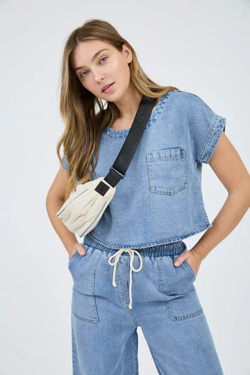 Washed Chambray Boat Neck Short Sleeve Crop Top