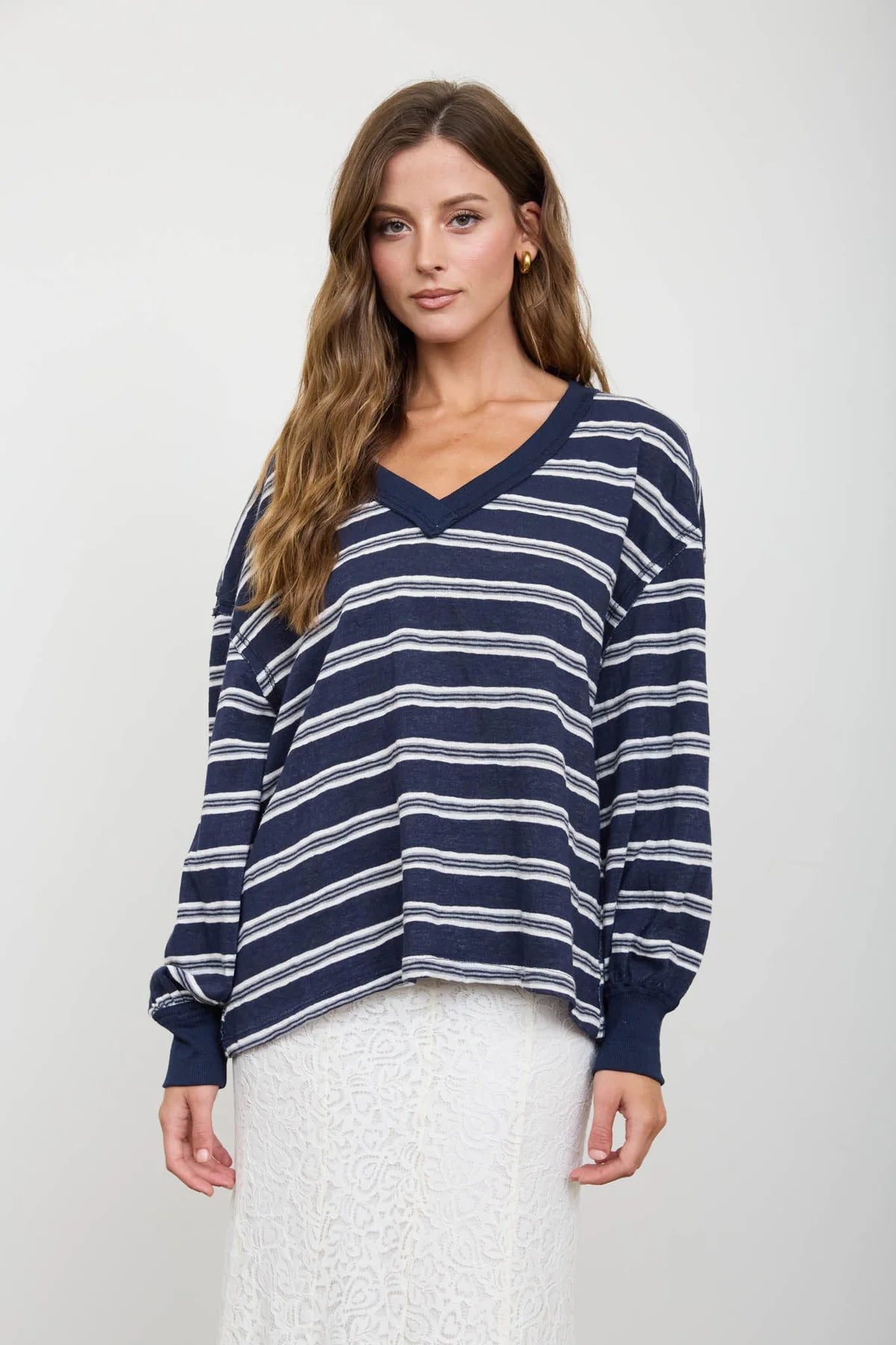 Multi Color Stripe V Neck Long Sleeve Knit Top
