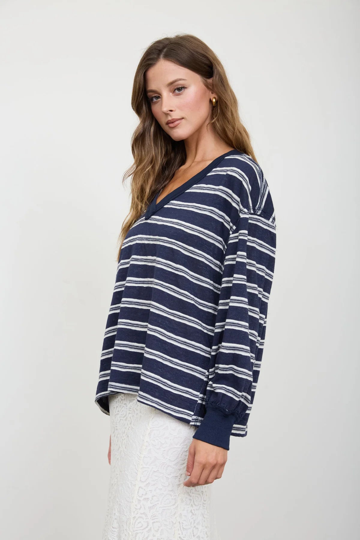 Multi Color Stripe V Neck Long Sleeve Knit Top