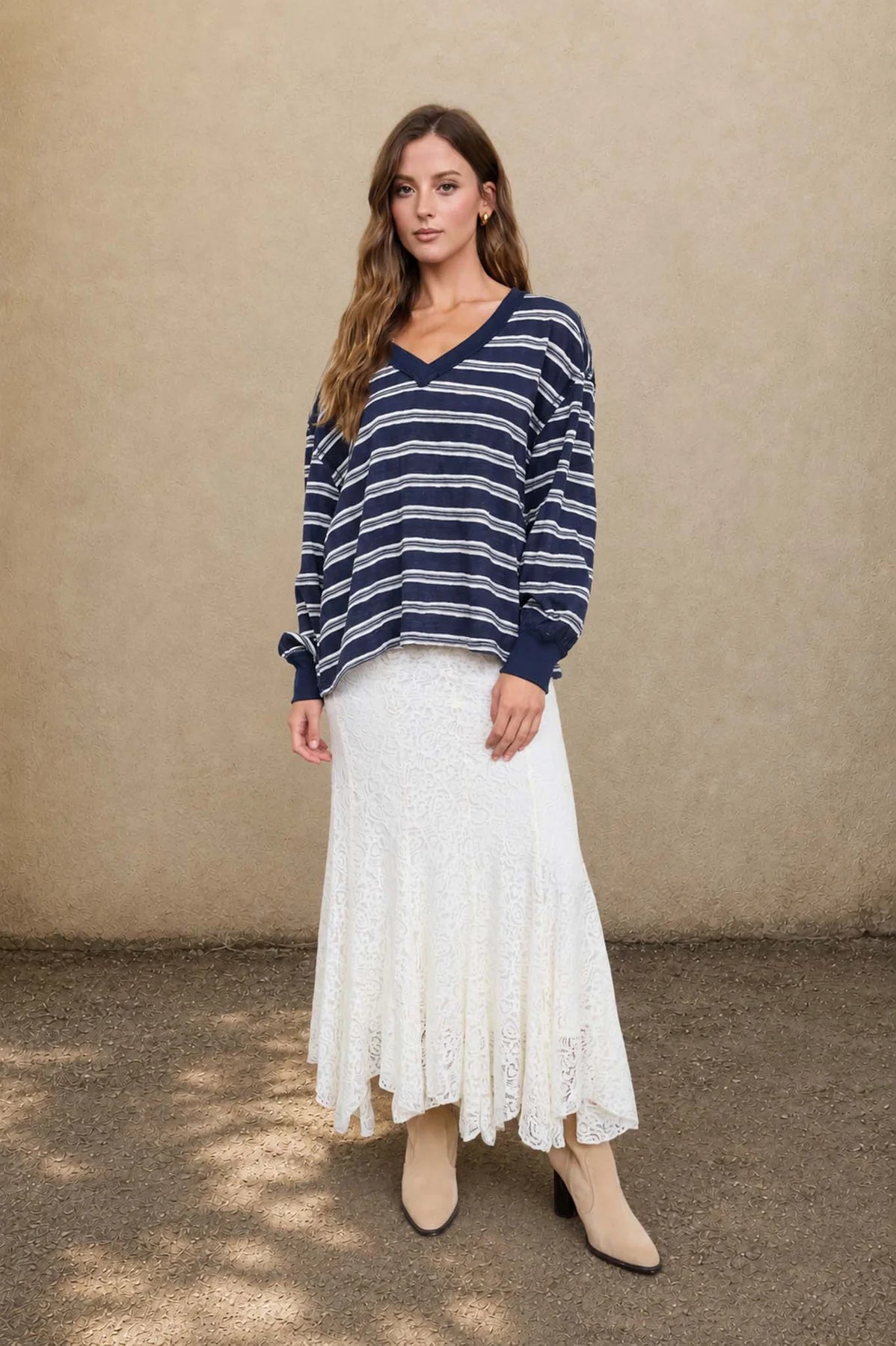 Multi Color Stripe V Neck Long Sleeve Knit Top