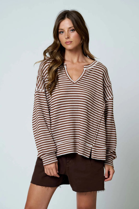 Stripe Split Neck Long Sleeve Seam Detail Top