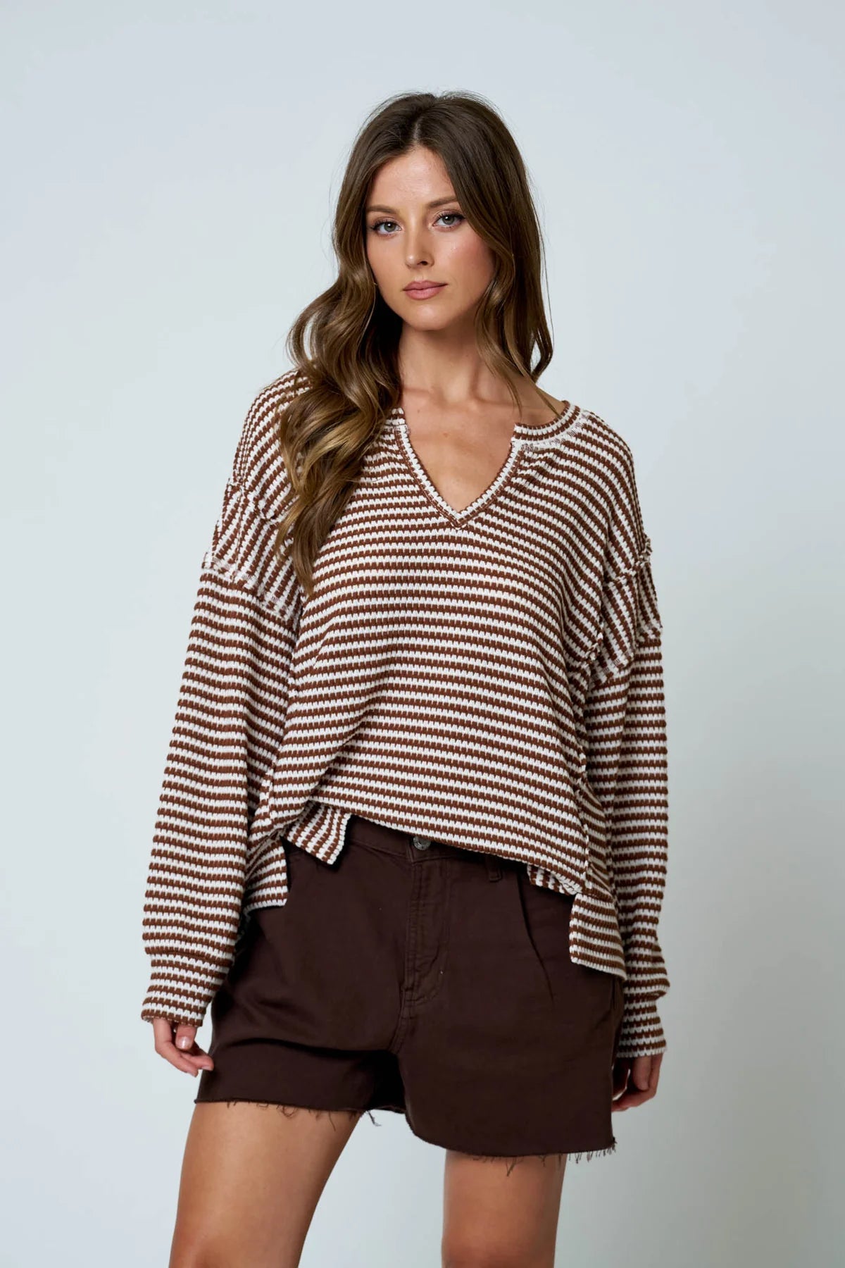 Stripe Split Neck Long Sleeve Seam Detail Top