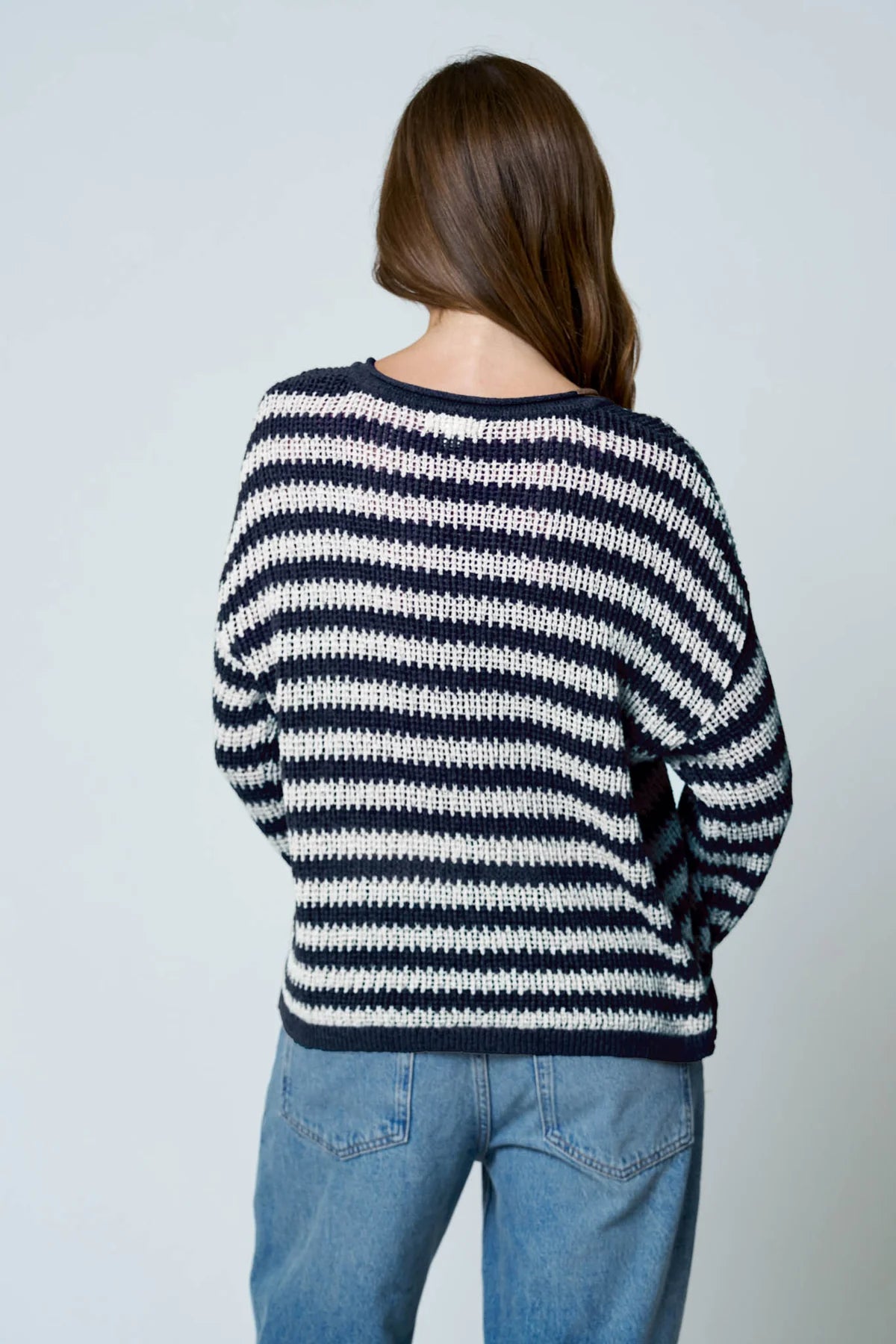Stripe Raw Edge Split Neck Sheer Knit Sweater