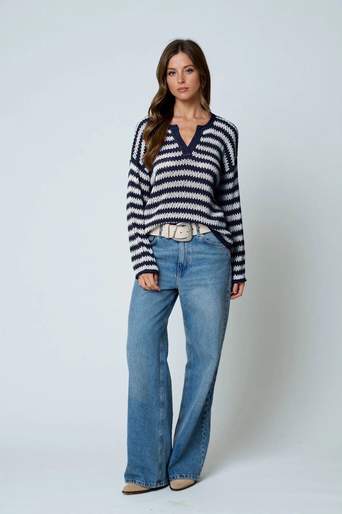 Stripe Raw Edge Split Neck Sheer Knit Sweater