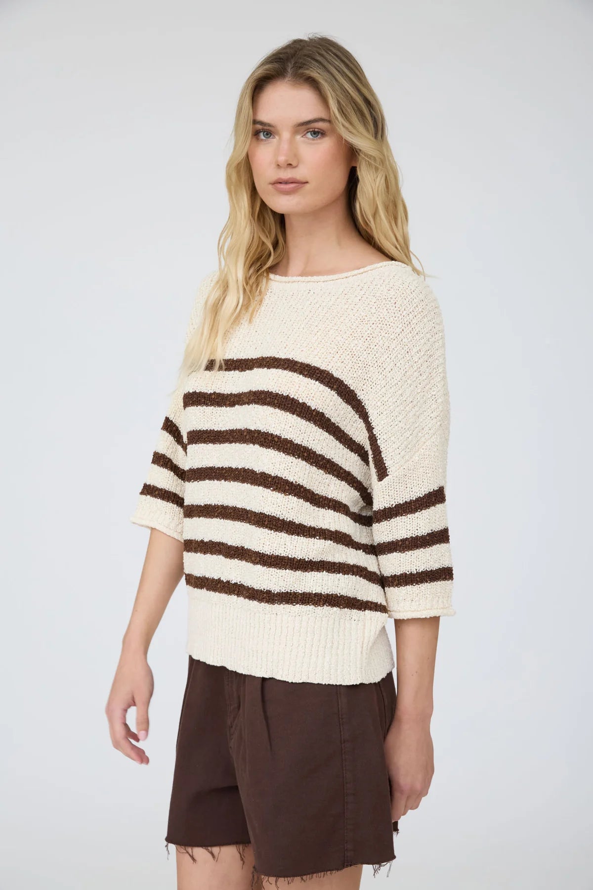 Stripe Textured Knit Half Sleeve Knit Sweater
