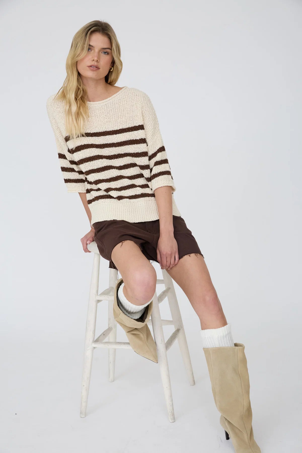 Stripe Textured Knit Half Sleeve Knit Sweater