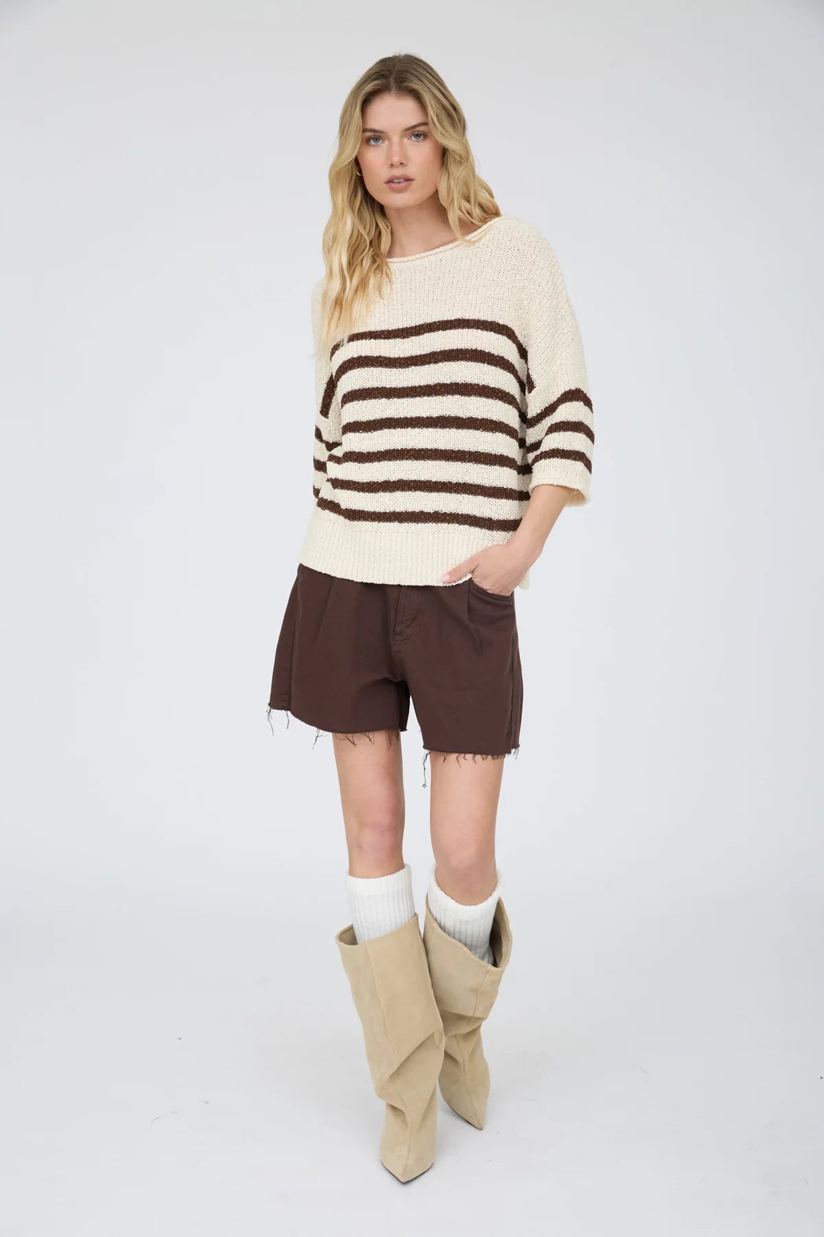 Stripe Textured Knit Half Sleeve Knit Sweater