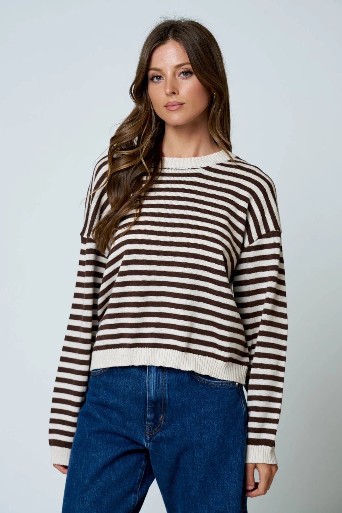 Stripe Relaxed Back Button Detail Knit Sweater