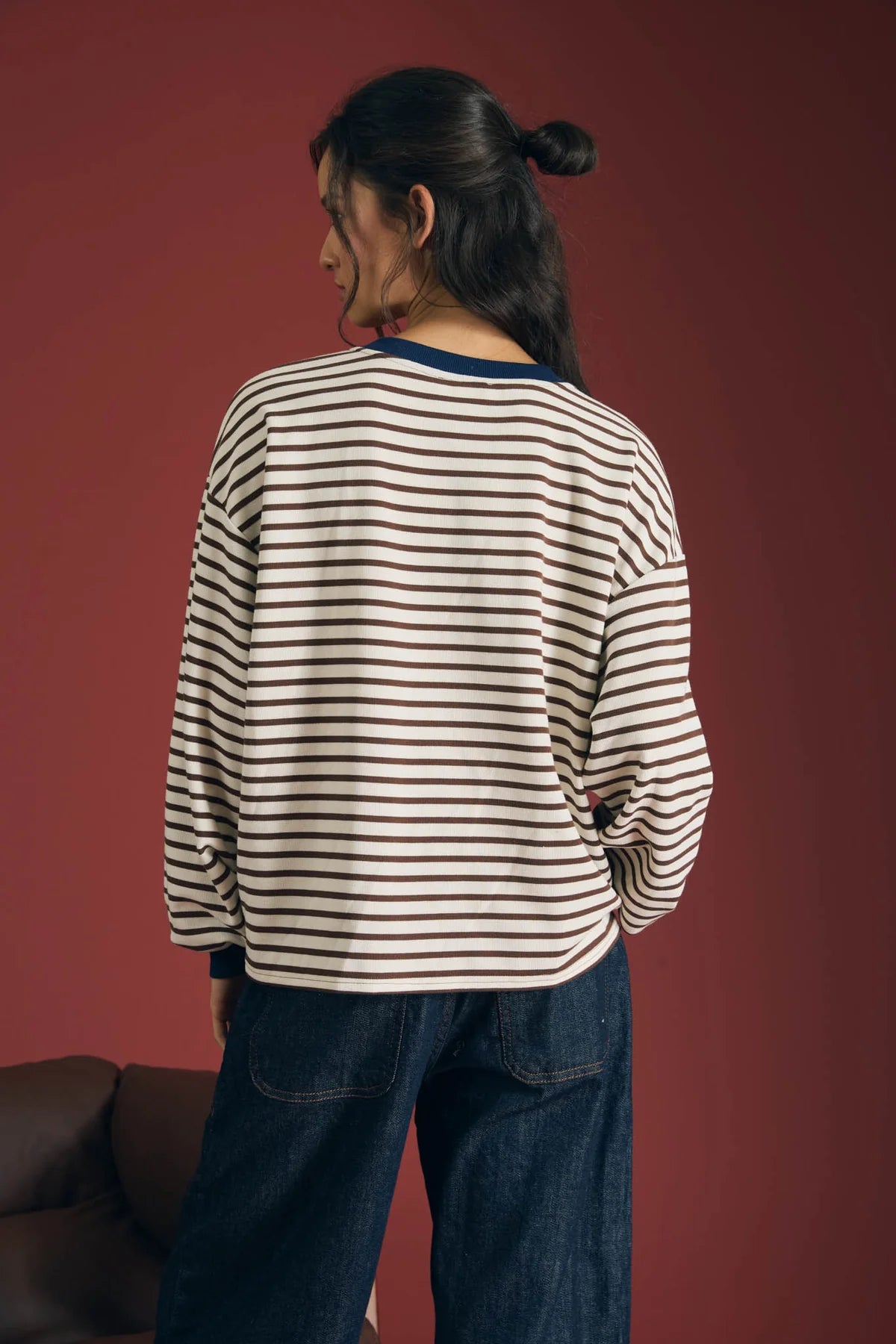 Stripe Crew Neck V-Stitch Long Sleeve Knit Top