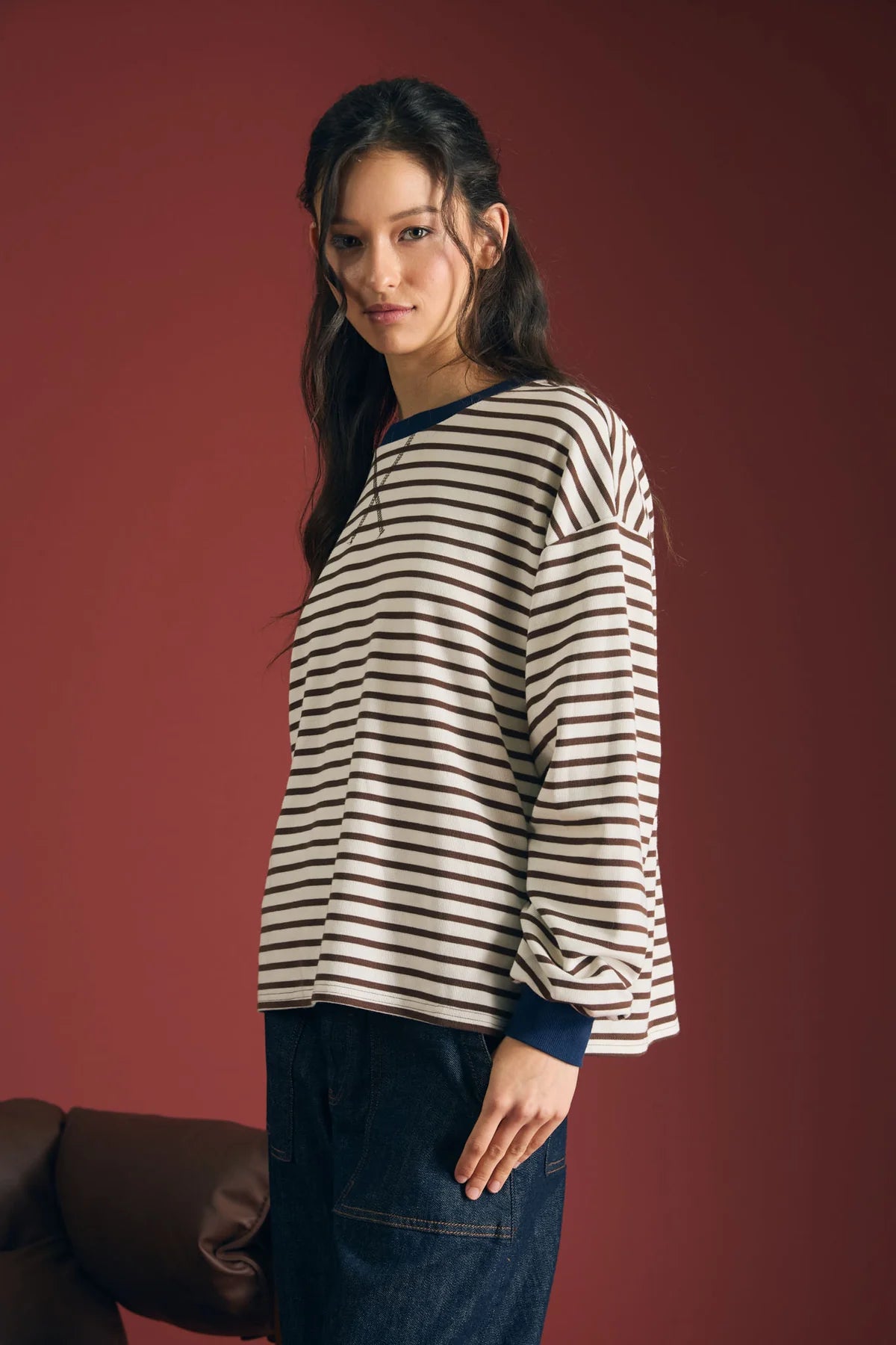 Stripe Crew Neck V-Stitch Long Sleeve Knit Top
