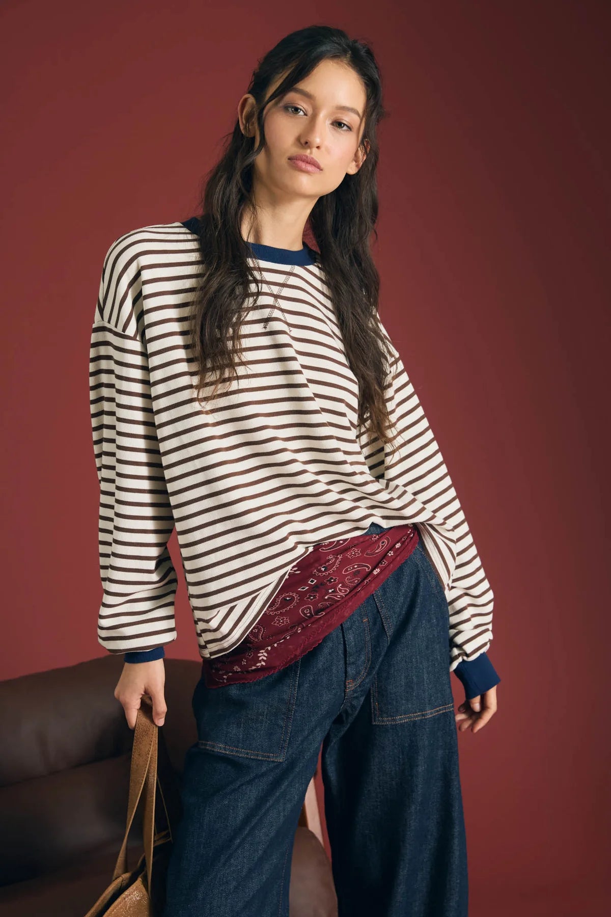 Stripe Crew Neck V-Stitch Long Sleeve Knit Top