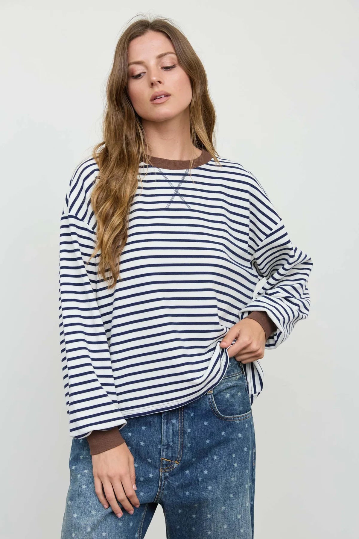 Stripe Crew Neck V-Stitch Long Sleeve Knit Top