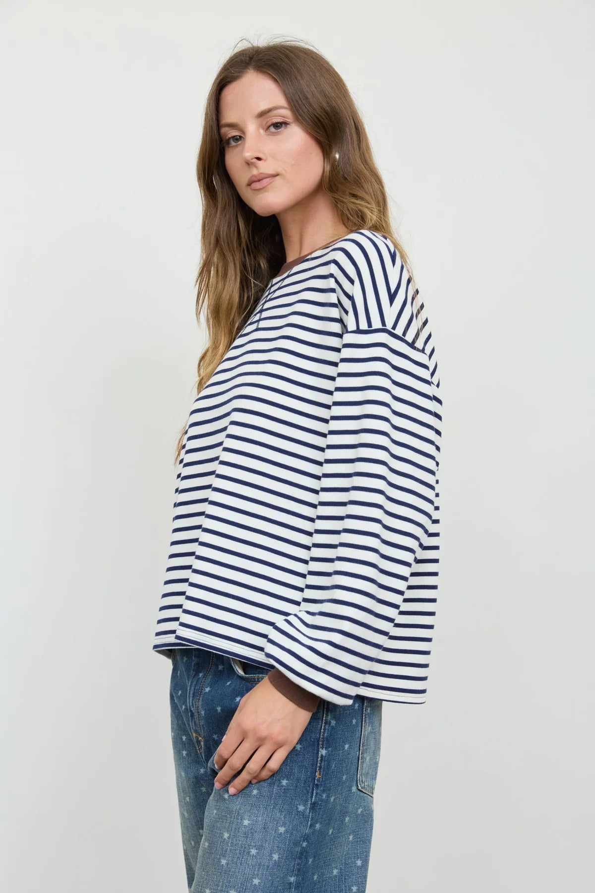 Stripe Crew Neck V-Stitch Long Sleeve Knit Top