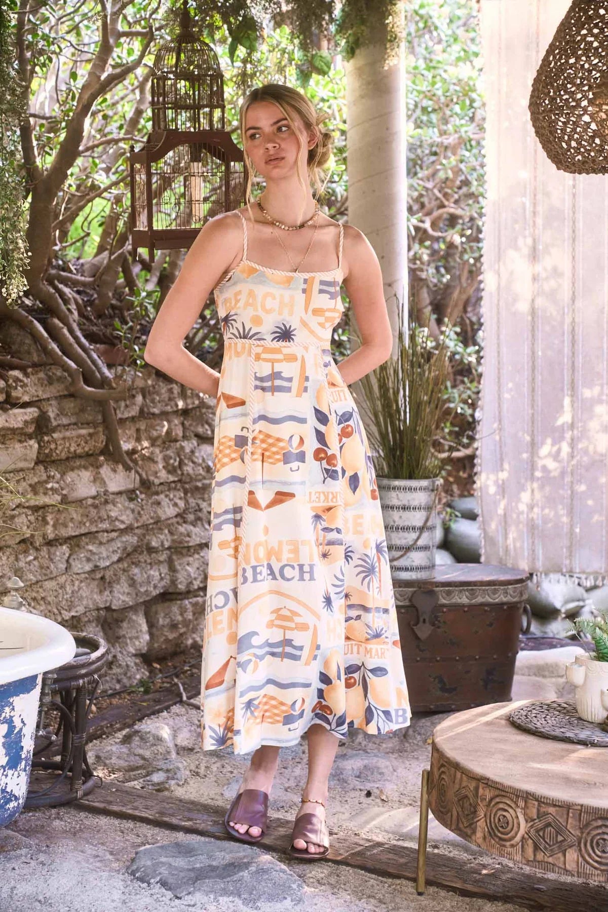 Beach Graphic Spaghetti Strap Midi Dress