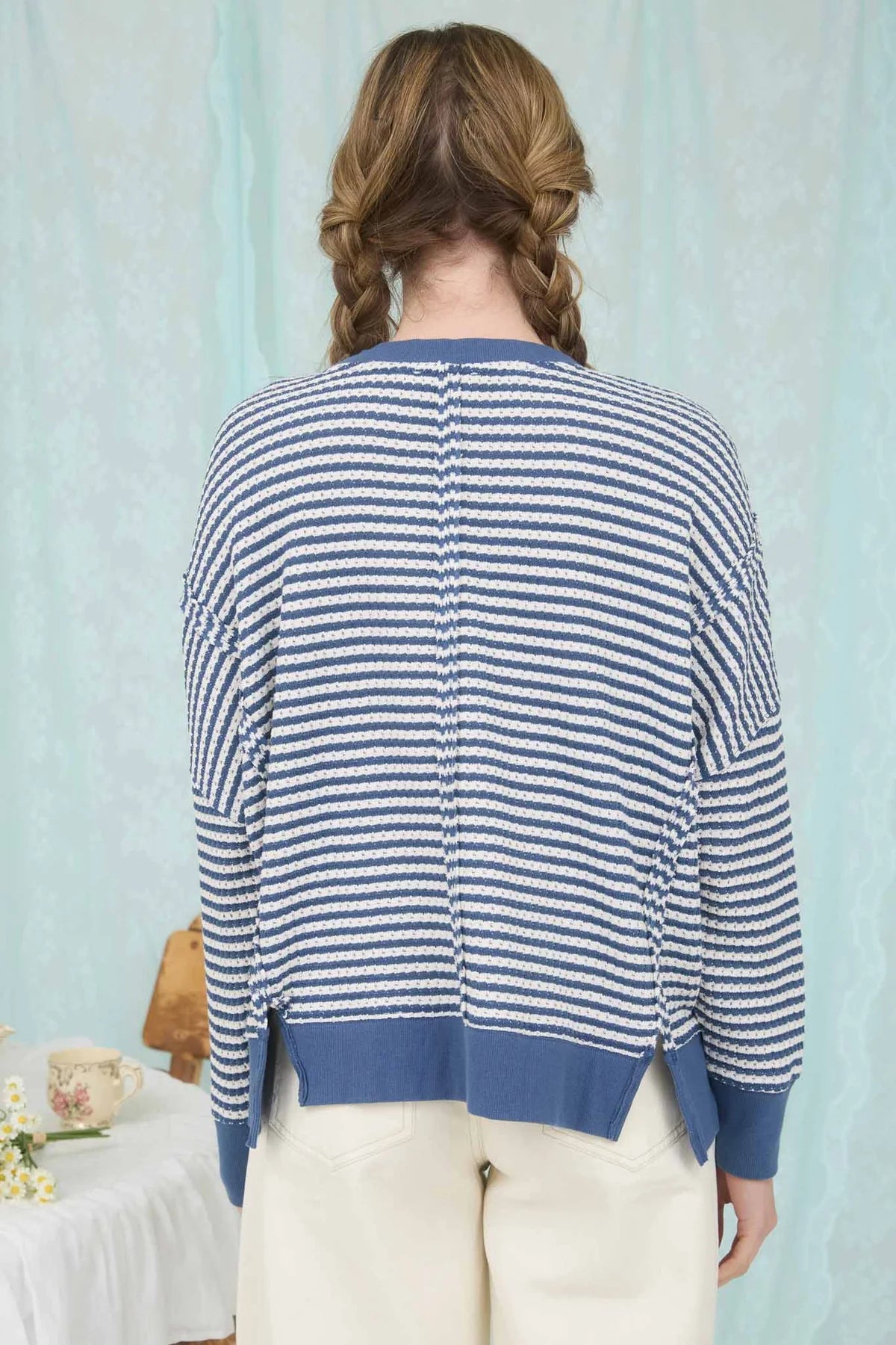 Stripe Exposed Seam Split Hem Long Sleeve Knit Top