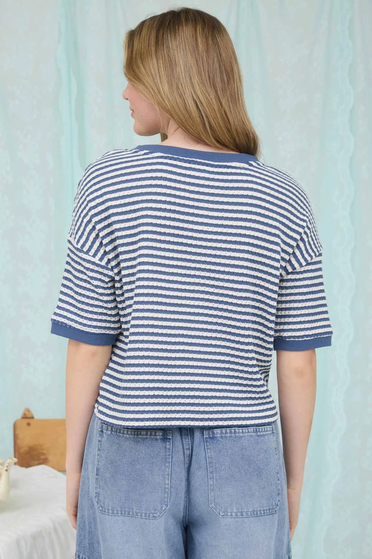 Stripe Button Down Short Sleeve Thermal Knit Top