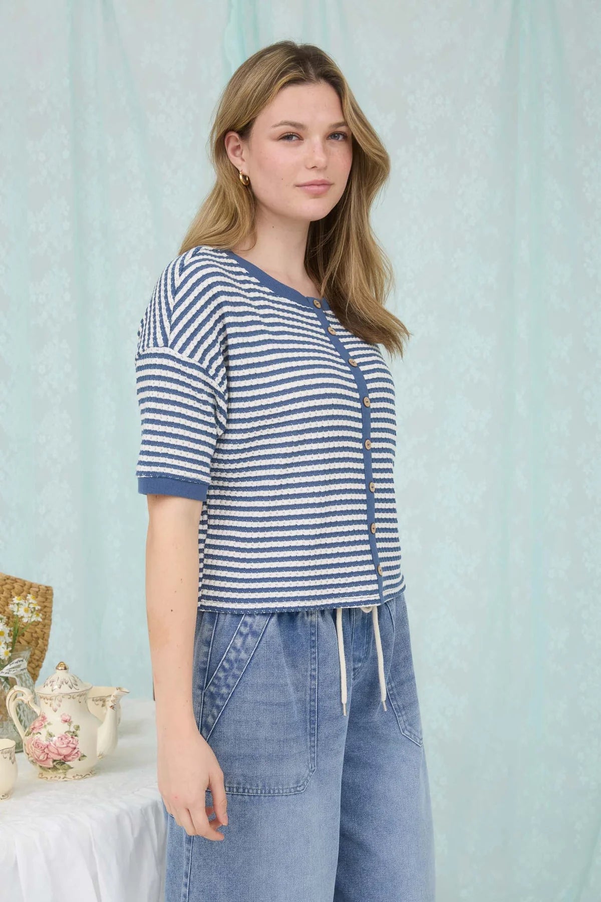 Stripe Button Down Short Sleeve Thermal Knit Top