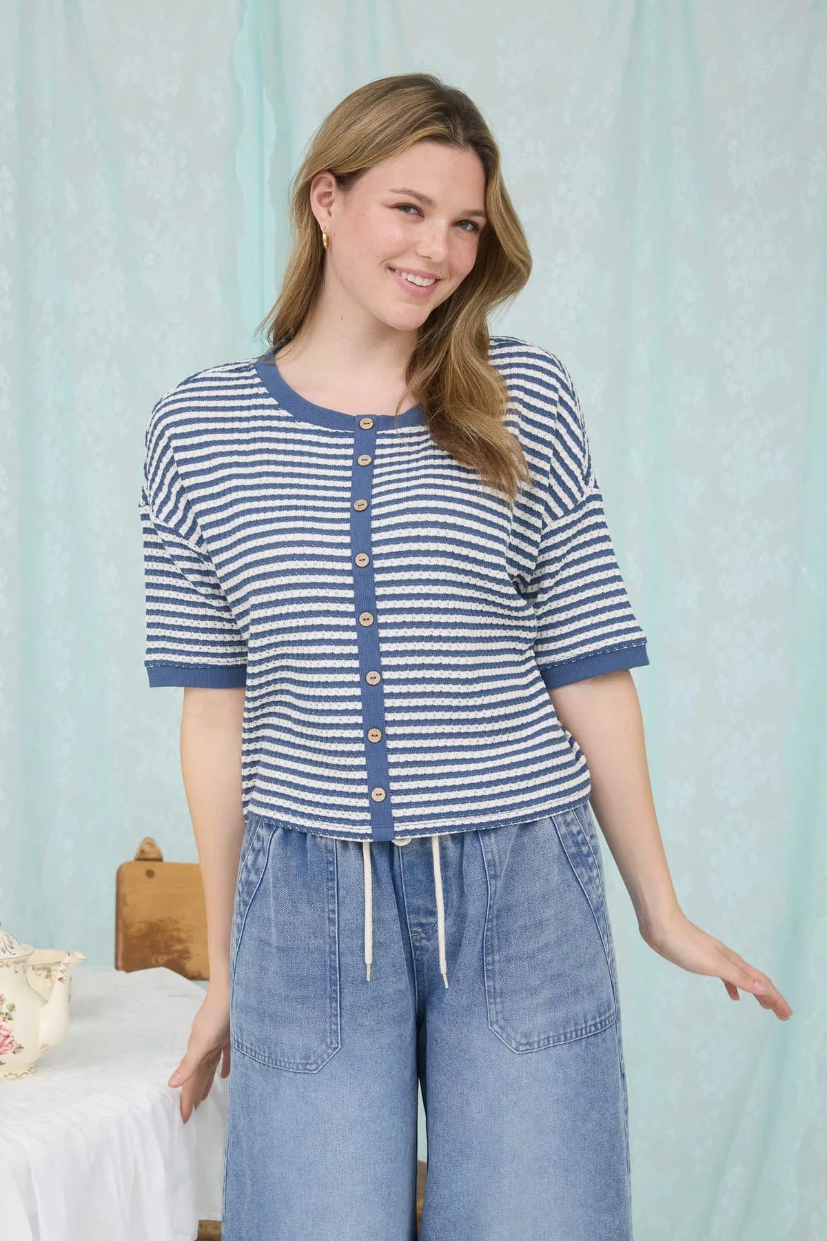 Stripe Button Down Short Sleeve Thermal Knit Top