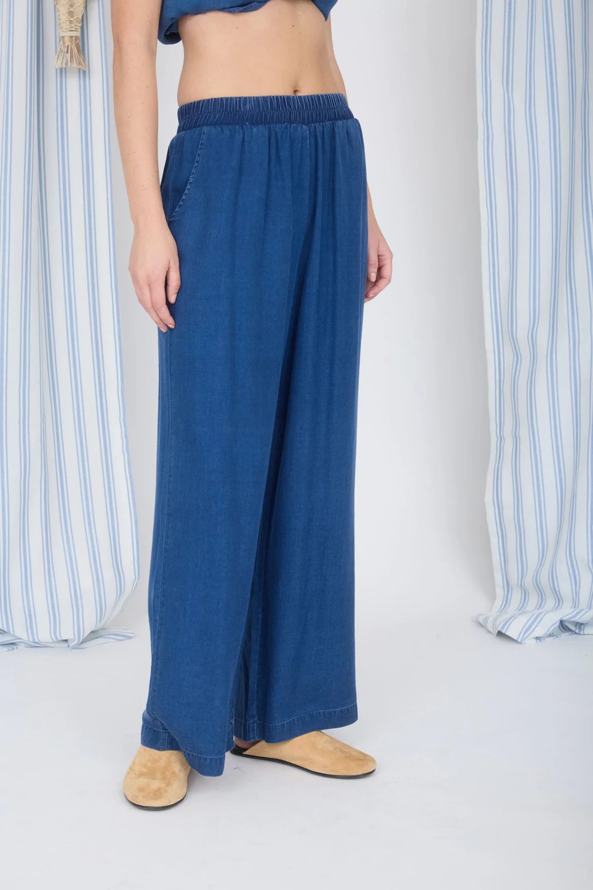 Chambray Elastic High Waist Wide Leg Pants