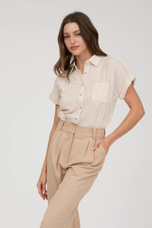 Stripe Collared Short Sleeve Linen Shirt