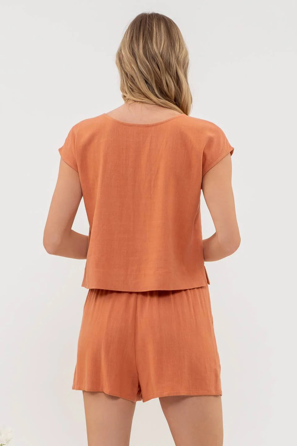 Linen Blend Round Neck Short Sleeve Top