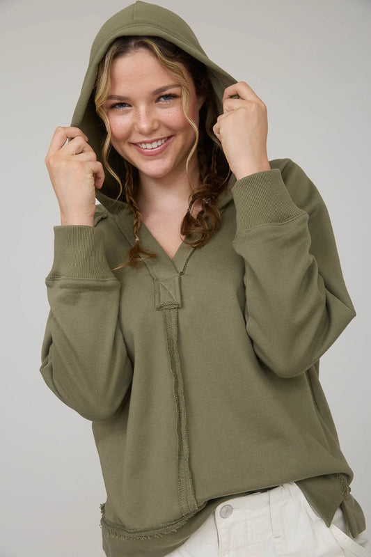Hooded V Neck Raw Edge Long Sleeve Knit Top