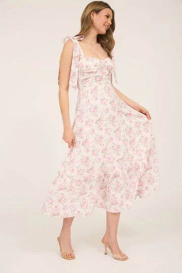Floral Tie Strap Ruched Detail Maxi Dress