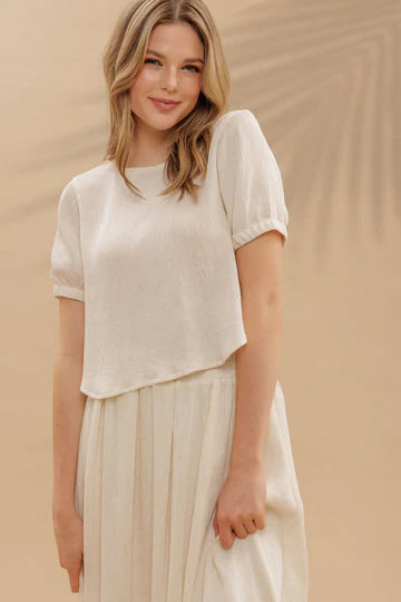 Round Neck Short Puff Sleeve Back Tie Shirt