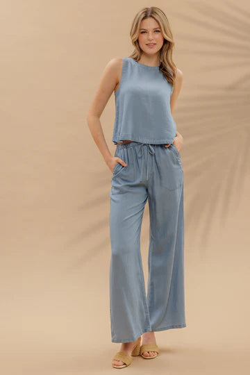 Round Neck Back Button Sleeveless Chambray Top