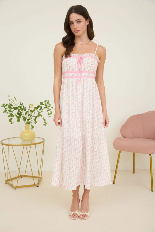 Floral Bow Pattern Spaghetti Strap Midi Dress