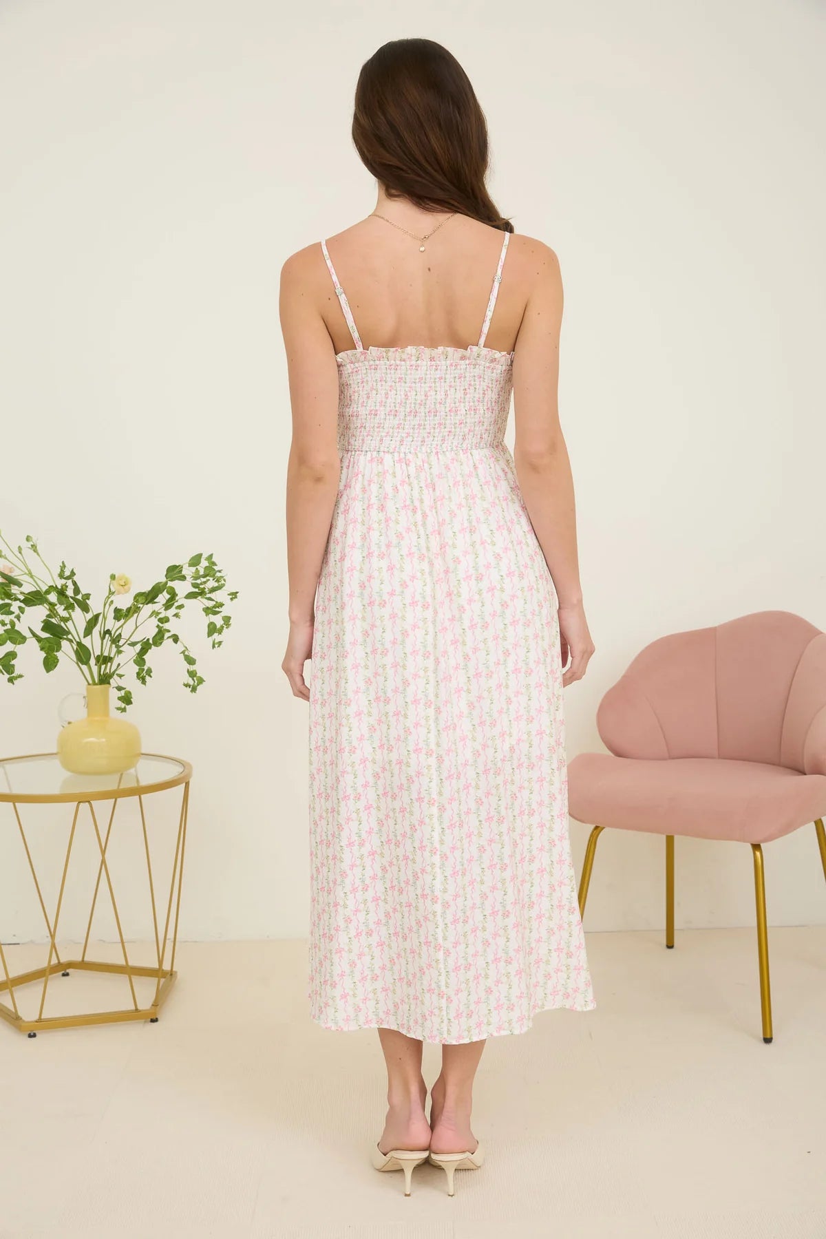 Floral Bow Pattern Spaghetti Strap Midi Dress