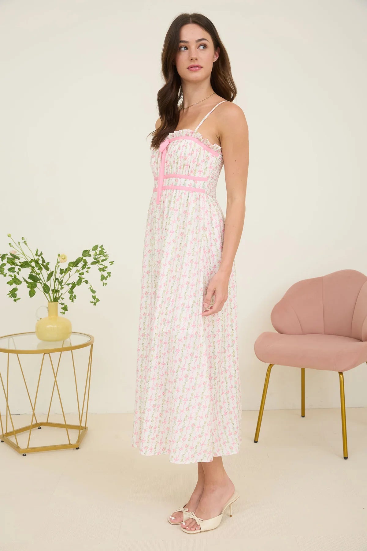 Floral Bow Pattern Spaghetti Strap Midi Dress