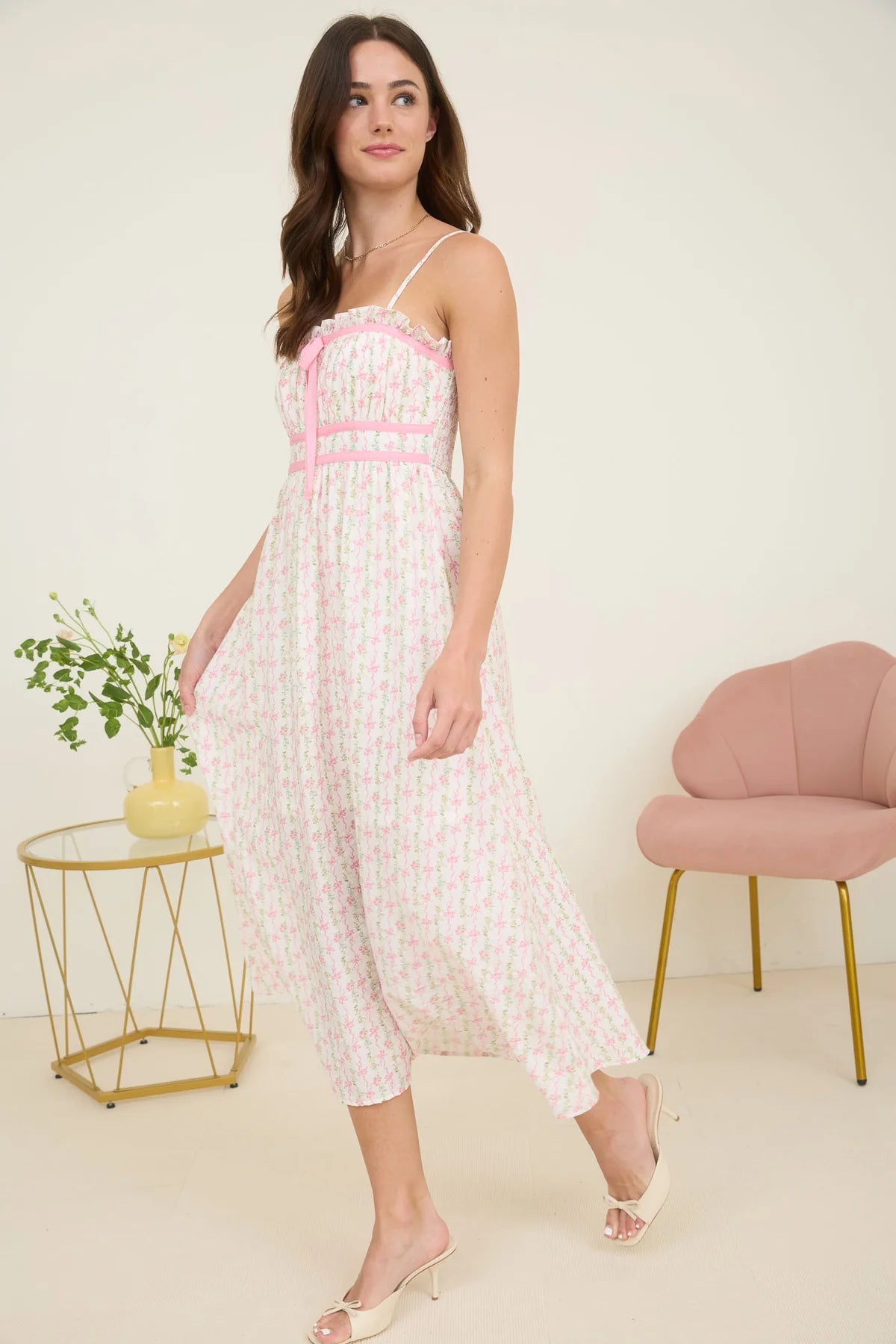 Floral Bow Pattern Spaghetti Strap Midi Dress