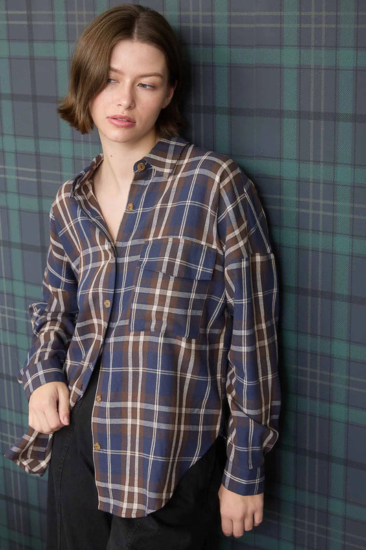 Plaid Button Down Pocket Detail Long Sleeve Shirt