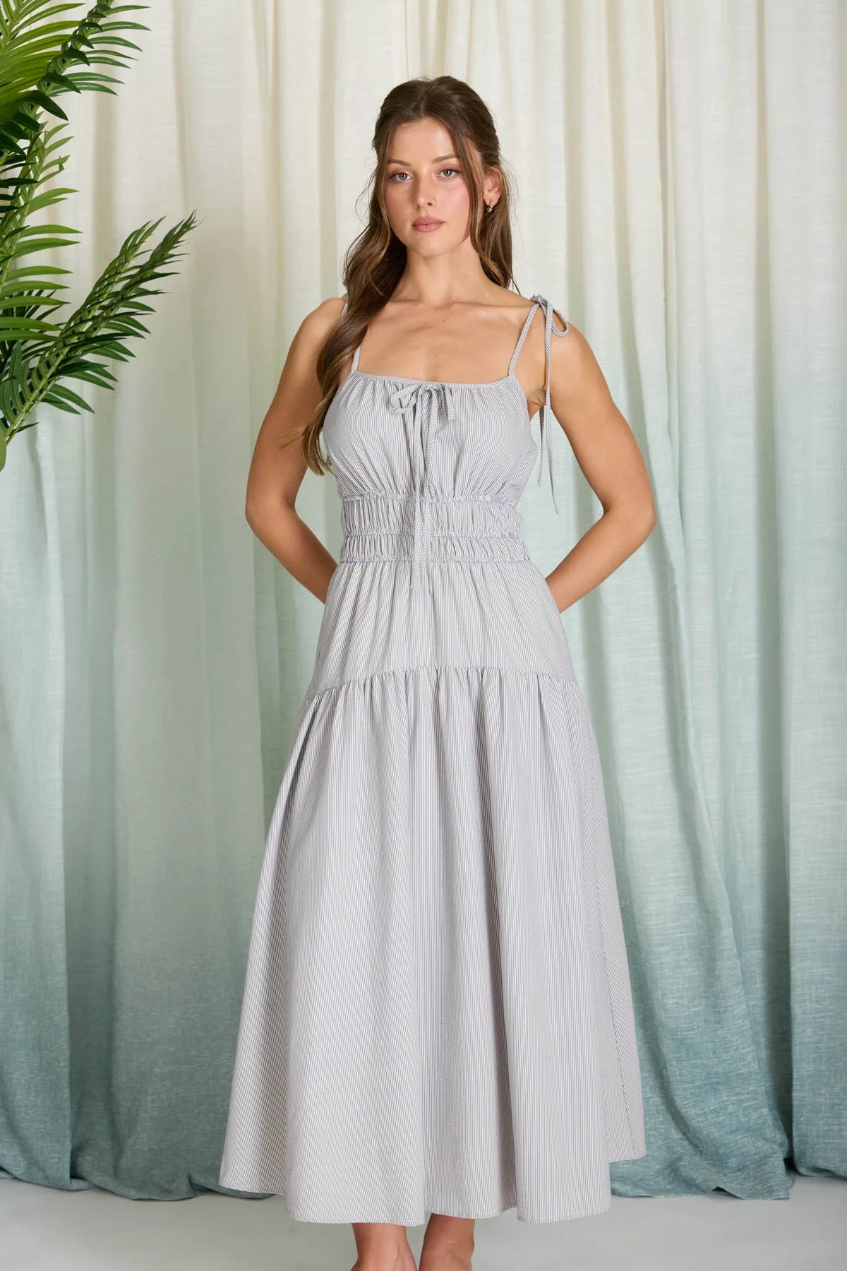 Stripe Spaghetti Strap Longline Midi Dress
