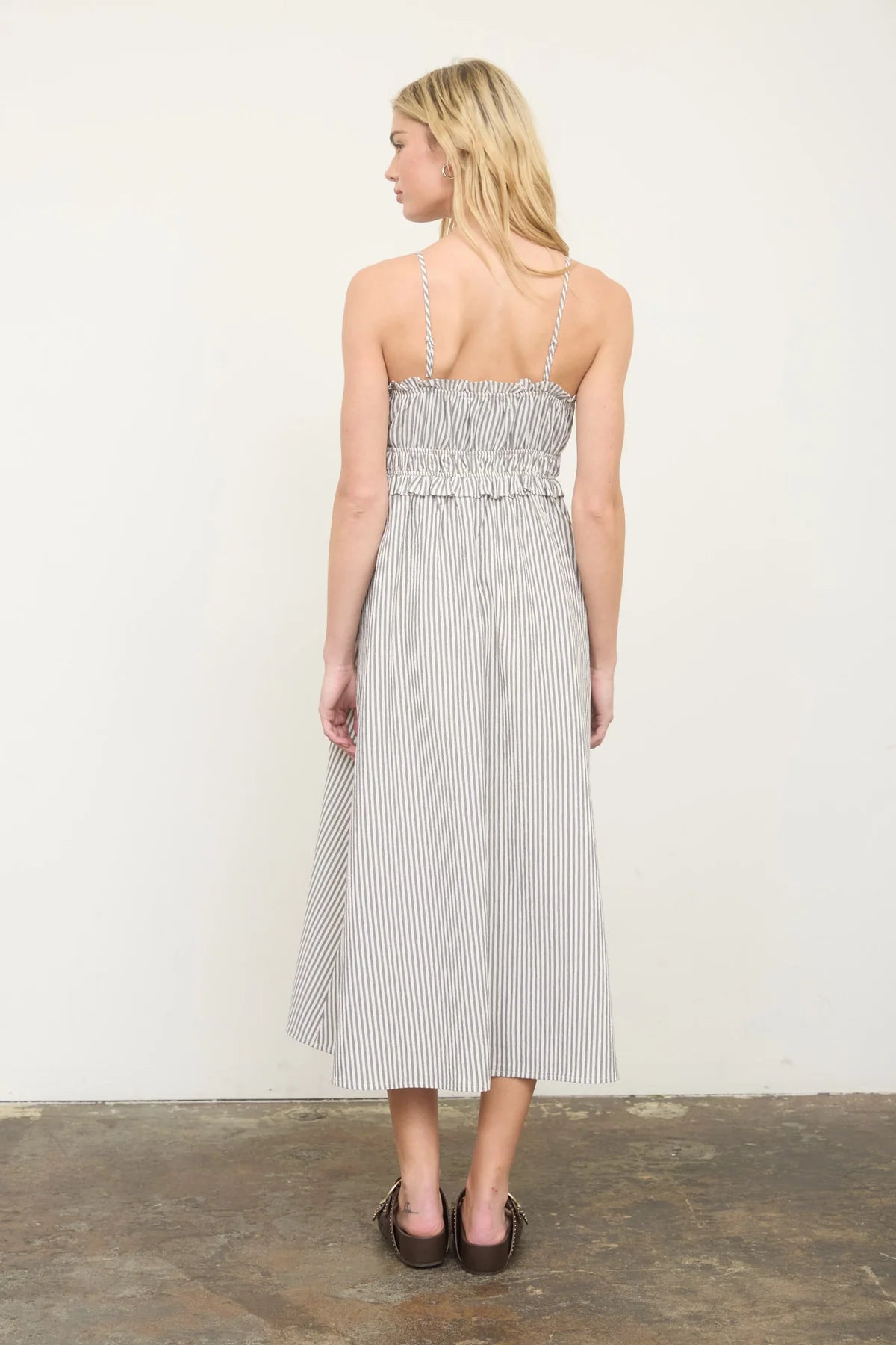 Stripe Spaghetti Strap Keyhole Ruffled Midi Dress