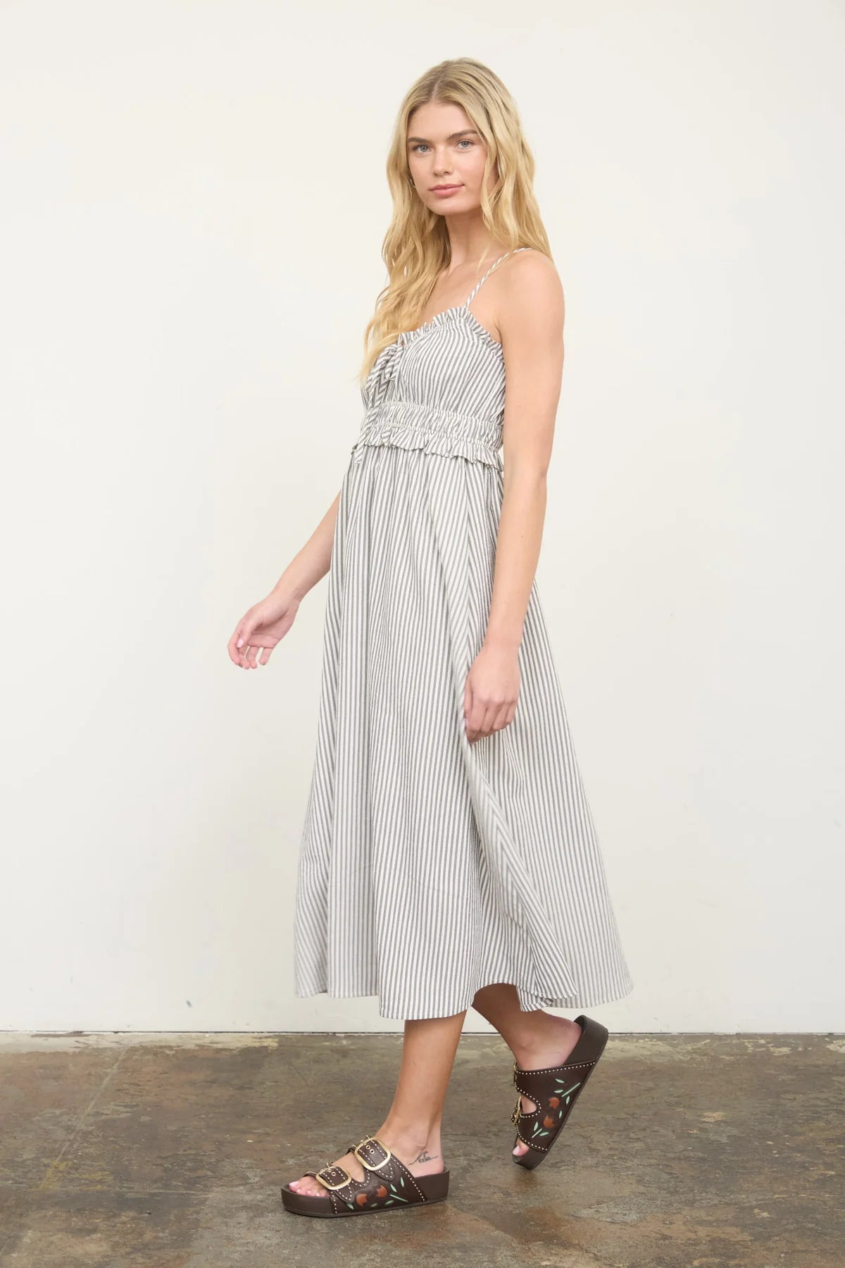Stripe Spaghetti Strap Keyhole Ruffled Midi Dress