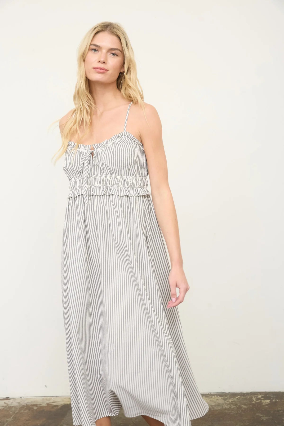 Stripe Spaghetti Strap Keyhole Ruffled Midi Dress