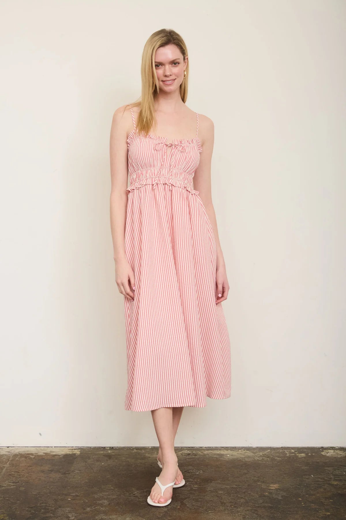 Stripe Spaghetti Strap Keyhole Ruffled Midi Dress