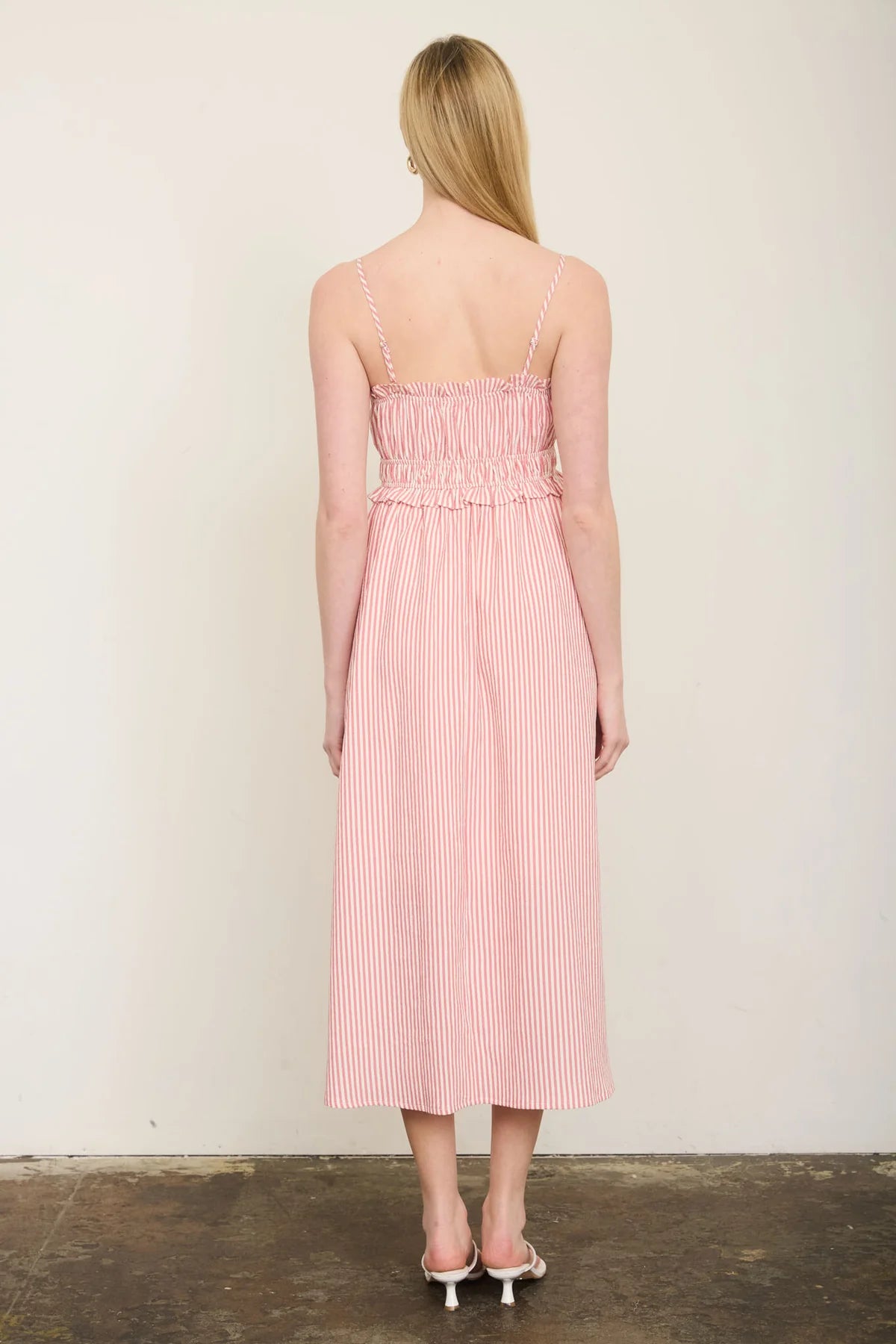 Stripe Spaghetti Strap Keyhole Ruffled Midi Dress